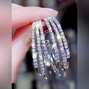 NEW 925 Silver Diamond Triple Layer Hoops